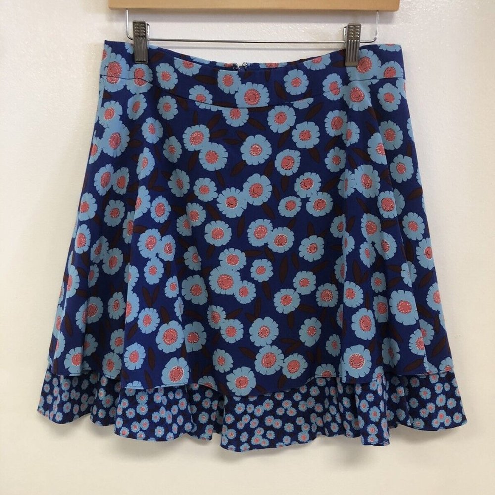 Kate Spade Blue Floral Layered Silk Flowy Back Zip Mini Skirt Size 10